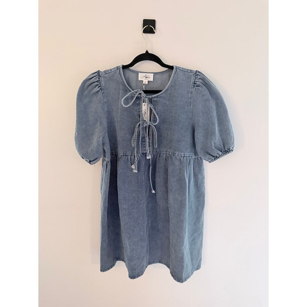 NWT ABLE Tie-Front Denim Babydoll Puff Sleeve Mini Dress-Size L - Picture 2 of 7